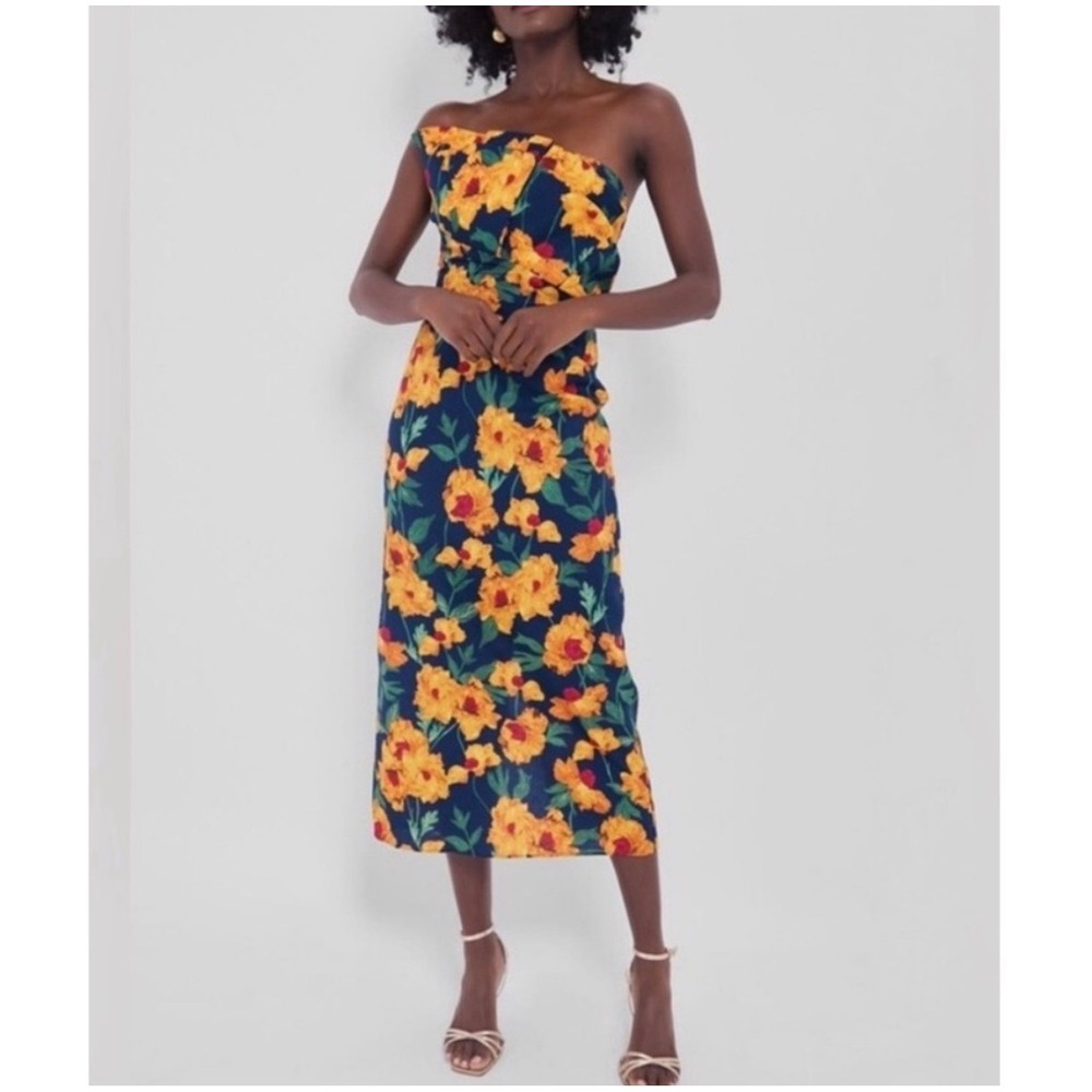 Hyacinth House Margot Floral Midi Dress Womens XS Navy Marigold‎ Cotton Ruffle